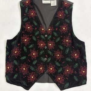 🏆Vintage Casey & Max Poinsettia Embroidered Cotton Velvet Vest XL Black Holiday